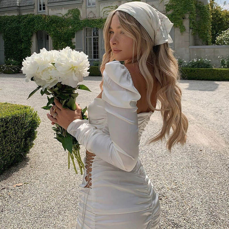 Glossy Cut Out Puff Sleeve Lace Up Rhinestone Satin Mini Dress - White