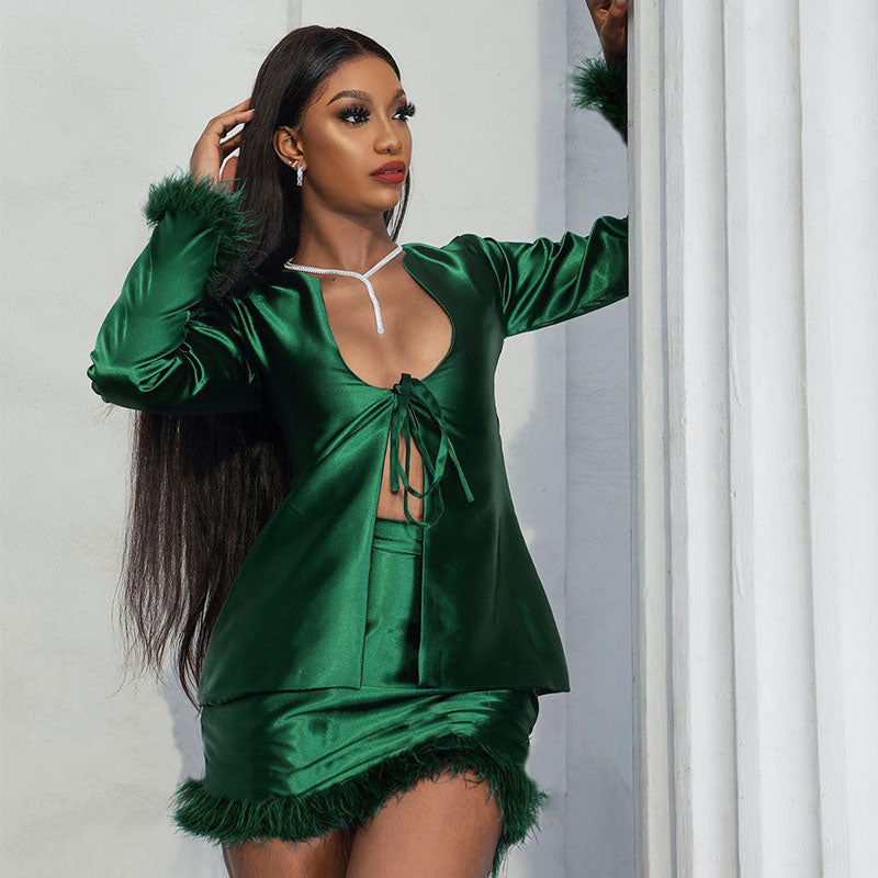 Glossy Faux Fur Tie Front Top Bodycon Mini Skirt Matching Set - Emerald Green
