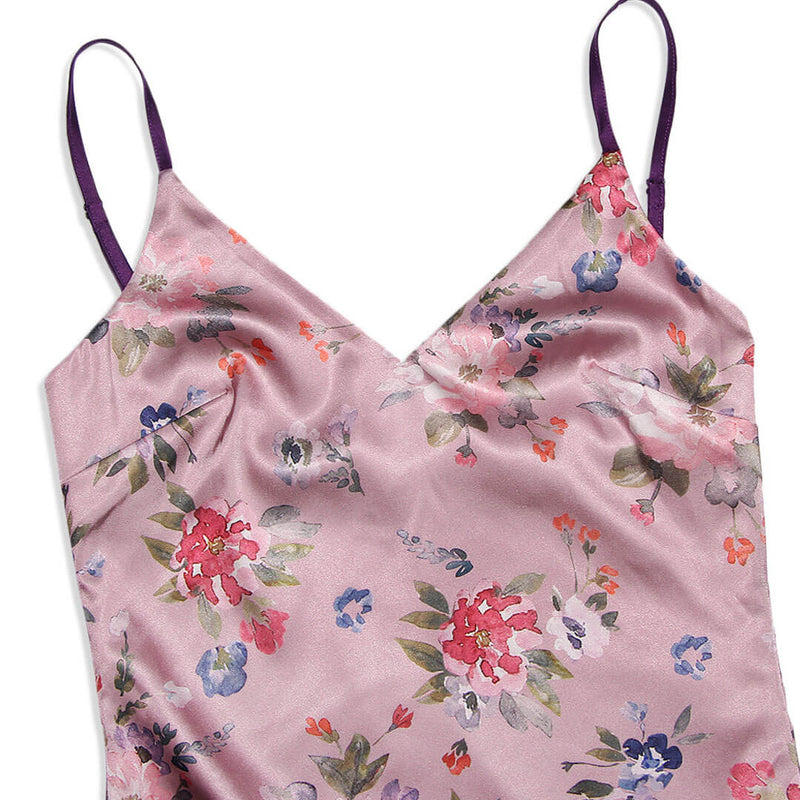 Glossy Flower Print V Neck Sleeveless Bodycon Maxi Dress - Pink