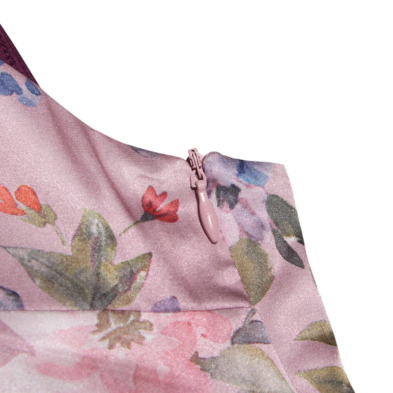 Glossy Flower Print V Neck Sleeveless Bodycon Maxi Dress - Pink