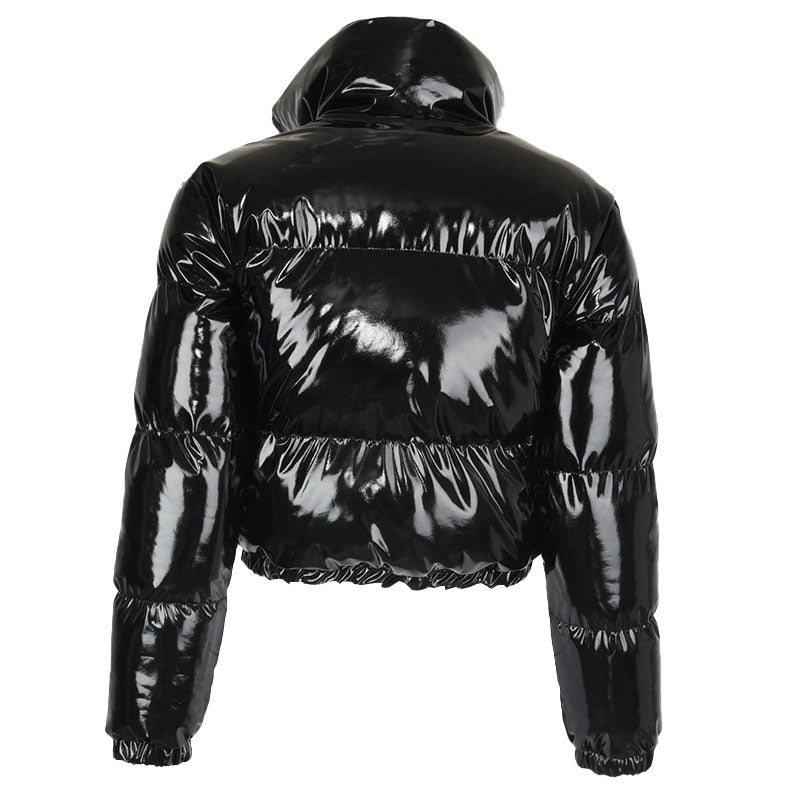 Cropped shiny puffer sales jacket with fur hood
