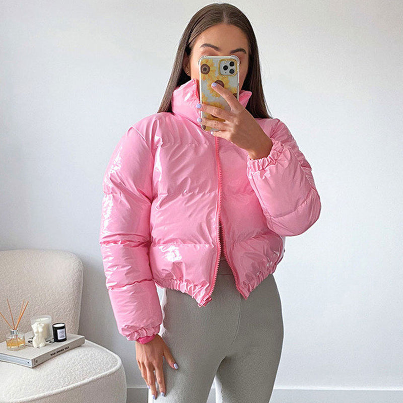 Glossy High Neck Long Sleeve Cropped Down Puffer Coat - Pink – Trendy &  Unique