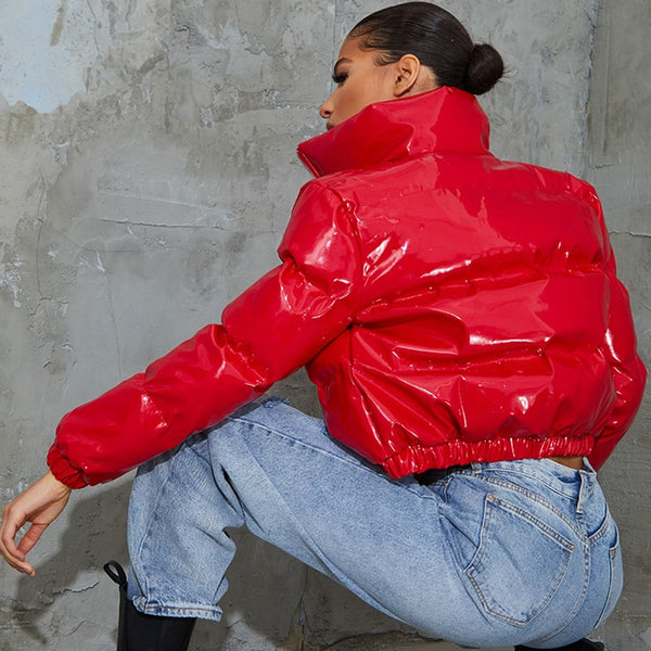 Glossy High Neck Long Sleeve Cropped Down Puffer Coat - Red