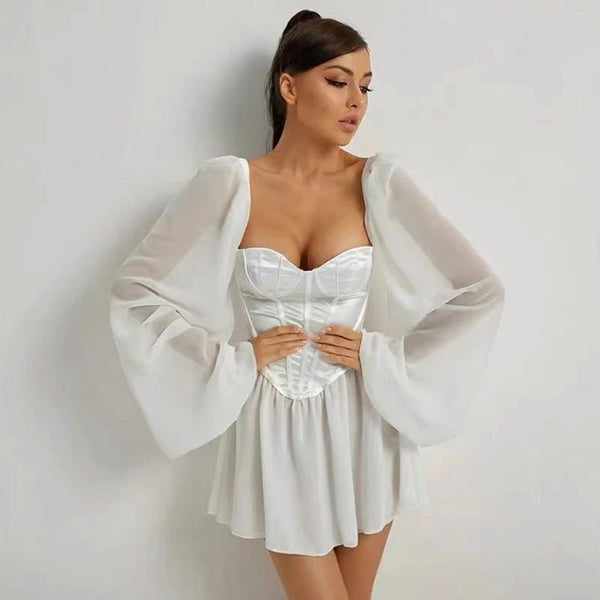 Glossy Puff Sleeve Satin Bustier Party Mini Dress - White