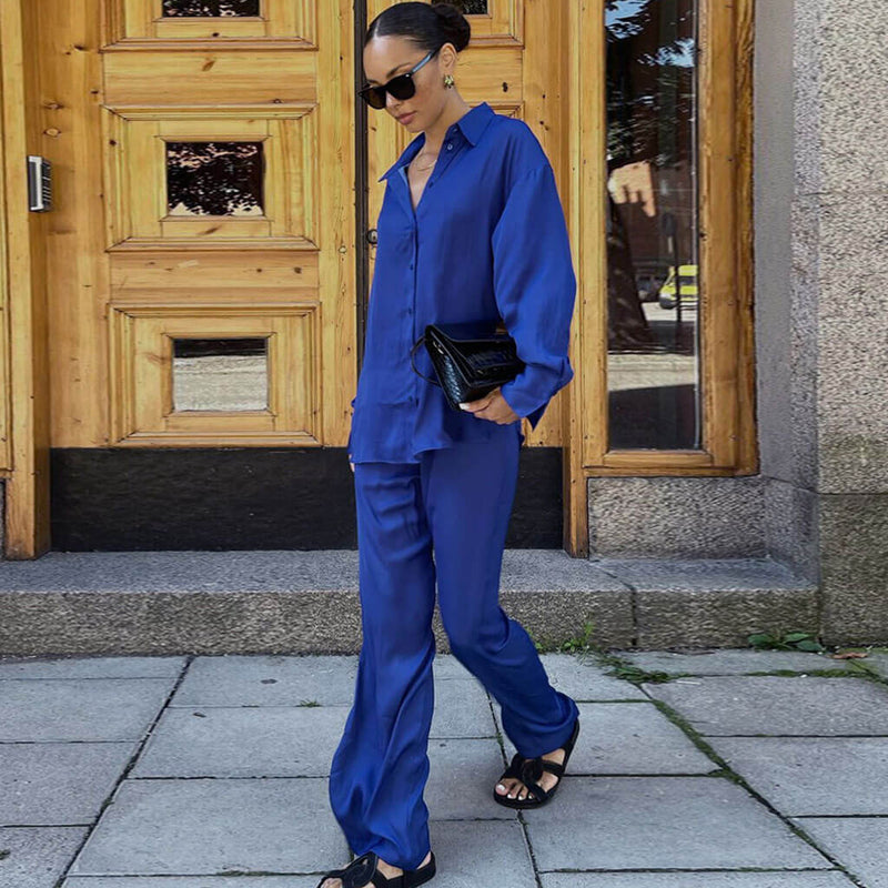 Glossy Satin Blouse Wide Leg Pant Matching Set - Royal Blue – Trendy &  Unique