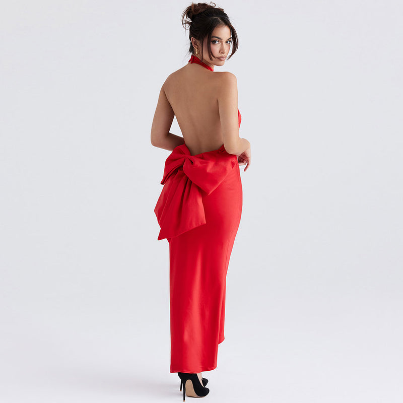 Glossy Satin Bowknot Fishtail Sleeveless Backless Evening Maxi Dress - Red