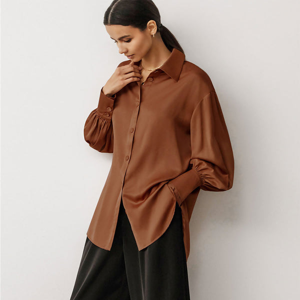 Glossy Satin Button Up Drop Shoulder Bishop Sleeve Pointed Collar Shirt - Brown