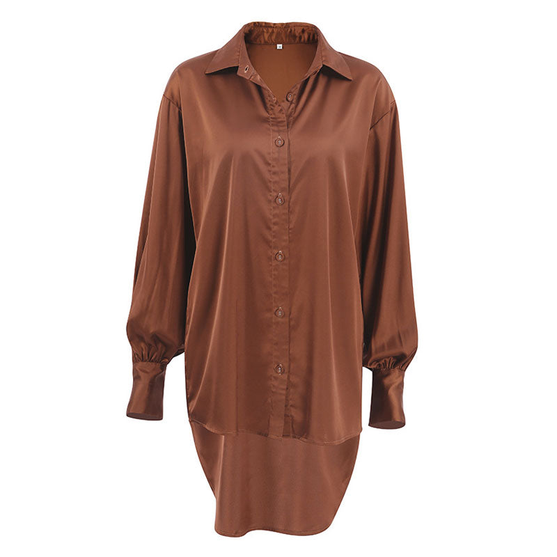 Glossy Satin Button Up Drop Shoulder Bishop Sleeve Pointed Collar Shirt - Brown