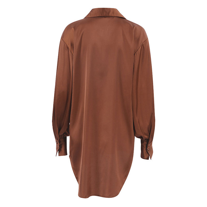 Glossy Satin Button Up Drop Shoulder Bishop Sleeve Pointed Collar Shirt - Brown