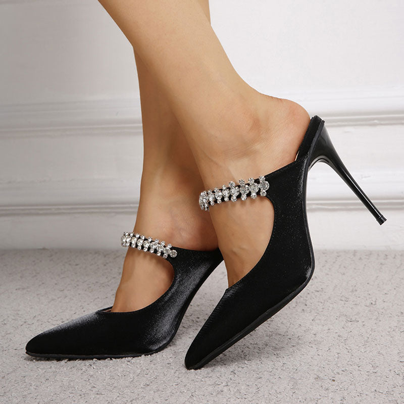 Glossy Satin Crystal Embellished Strap Pointed Toe High Heel Pumps - Black