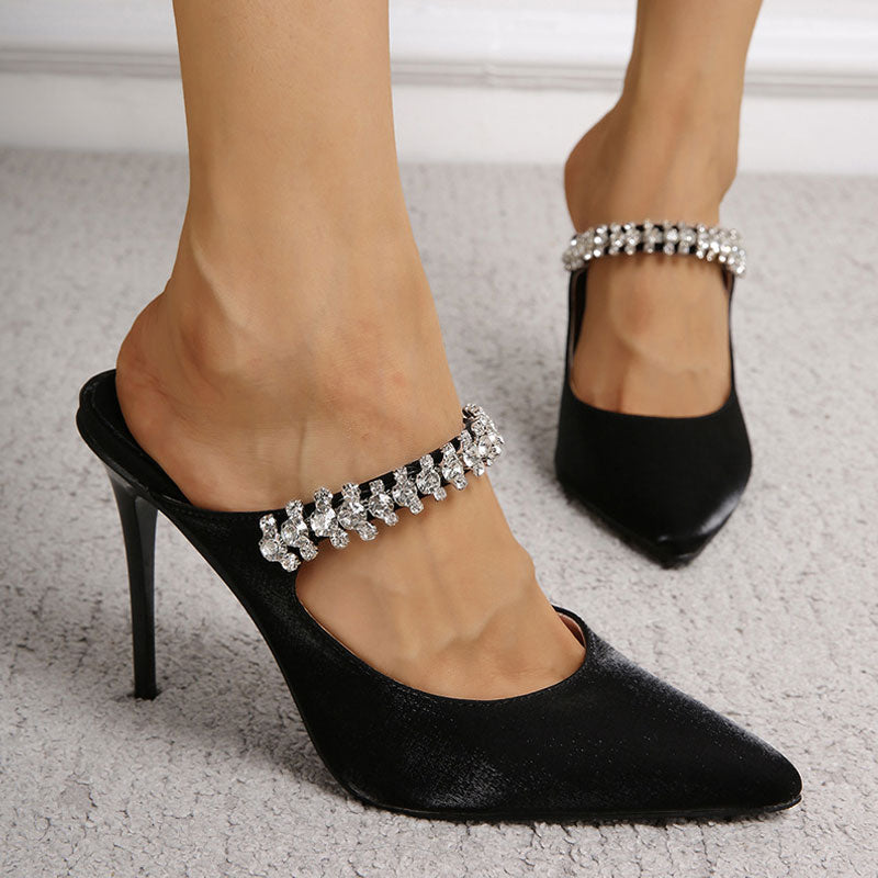 Glossy Satin Crystal Embellished Strap Pointed Toe High Heel Pumps - Black