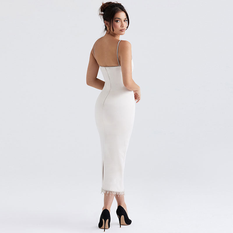 Glossy Satin Crystal Fringe Boat Neck Bodycon Cocktail Midi Dress - White