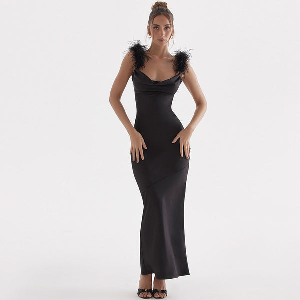 Glossy Satin Faux Feather Trim Cowl Neck Sleeveless Gown Maxi Dress - Black