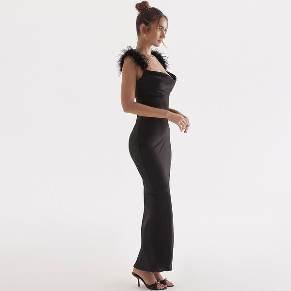 Glossy Satin Faux Feather Trim Cowl Neck Sleeveless Gown Maxi Dress - Black