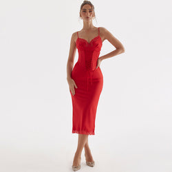 Glossy Satin Fishtail Lace Up Belted Lace Trim Bodycon Slip Midi Dress - Red