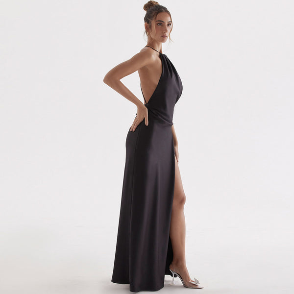 Glossy Satin High Split Sleeveless Backless Evening Maxi Dress - Black
