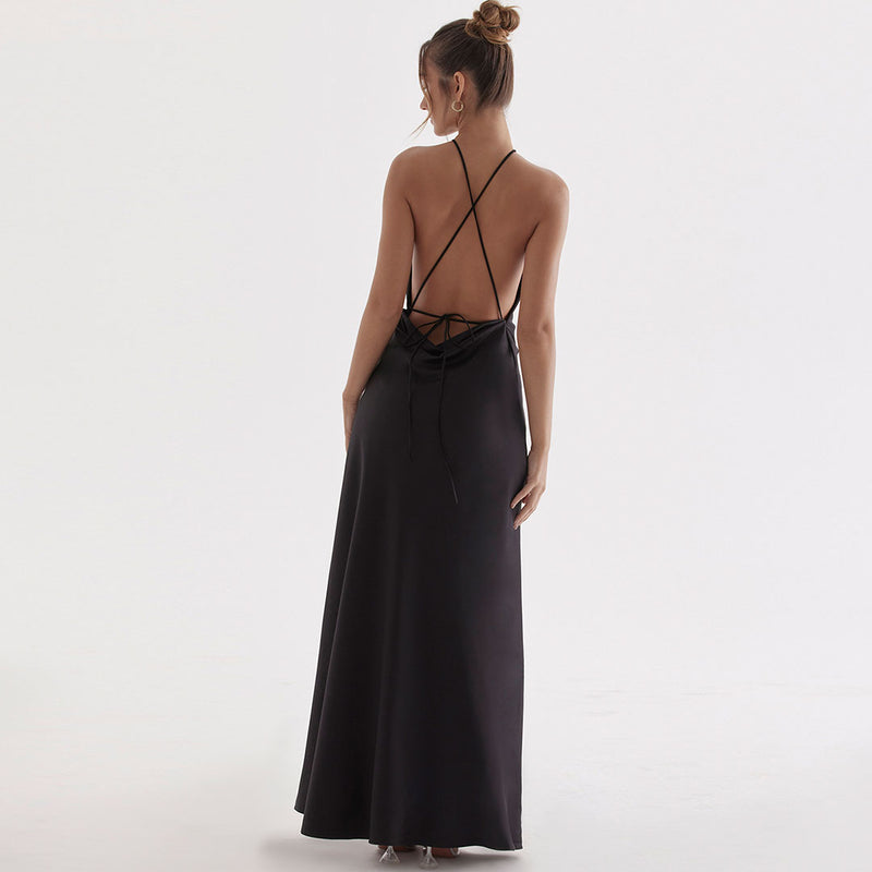 Glossy Satin High Split Sleeveless Backless Evening Maxi Dress - Black
