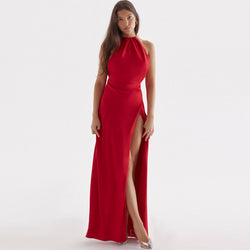 Glossy Satin High Split Sleeveless Backless Evening Maxi Dress - Red