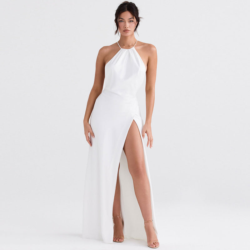Glossy Satin High Split Sleeveless Backless Evening Maxi Dress - White