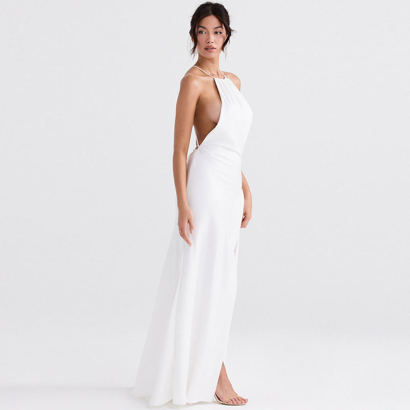 Glossy Satin High Split Sleeveless Backless Evening Maxi Dress - White