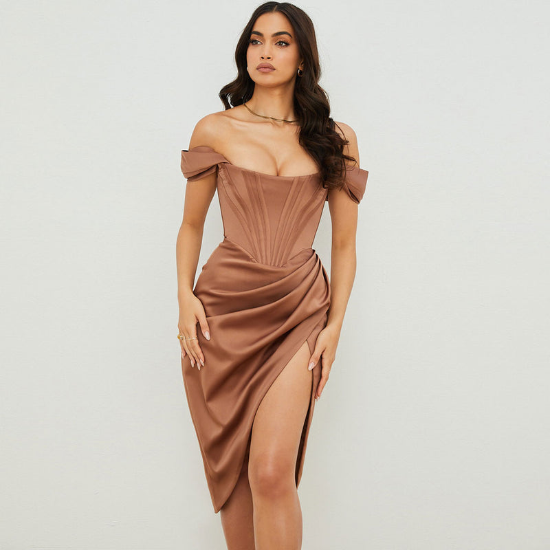 Glossy Satin Off Shoulder Draped Corset Cocktail Midi Dress - Chocolat –  Trendy & Unique