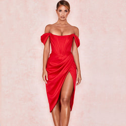 Glossy Satin Off Shoulder Draped Corset Cocktail Midi Dress - Red