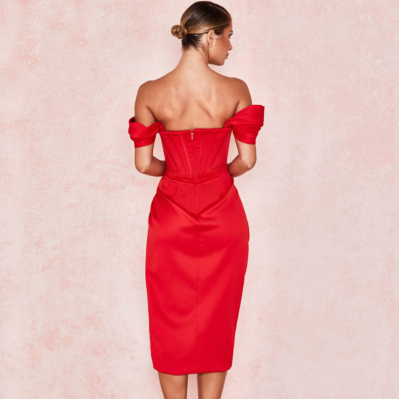 Glossy Satin Off Shoulder Draped Corset Cocktail Midi Dress - Red