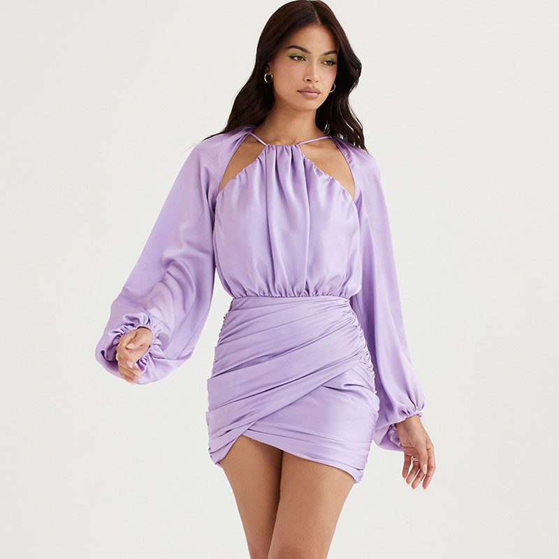 Glossy Satin Ruched Bishop Sleeve Halter Backless Mini Dress - Purple