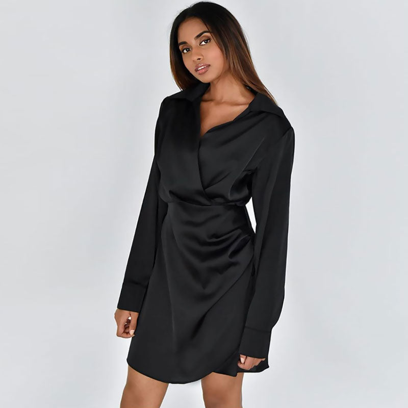Glossy Satin Ruched Spread Collar V Neck Long Sleeve Shirt Mini Dress - Black