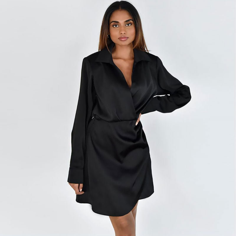 Glossy Satin Ruched Spread Collar V Neck Long Sleeve Shirt Mini Dress - Black