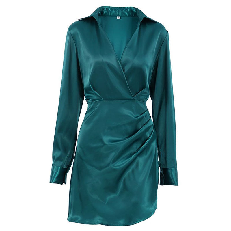 Glossy Satin Ruched Spread Collar V Neck Long Sleeve Shirt Mini Dress - Teal Green