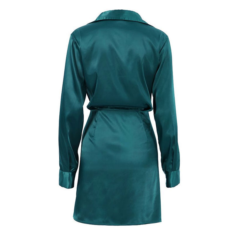 Glossy Satin Ruched Spread Collar V Neck Long Sleeve Shirt Mini Dress - Teal Green