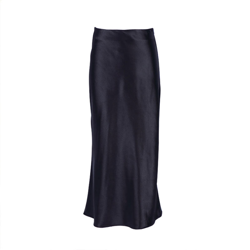 Glossy Satin Side Zipper Fishtail High Waist Trim Midi Skirt - Black