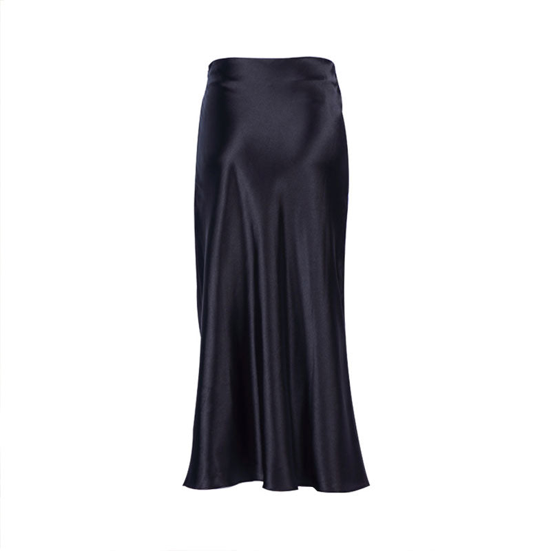 Glossy Satin Side Zipper Fishtail High Waist Trim Midi Skirt - Black