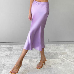 Glossy Satin Side Zipper Fishtail Trim High Waist Midi Skirt - Lilac