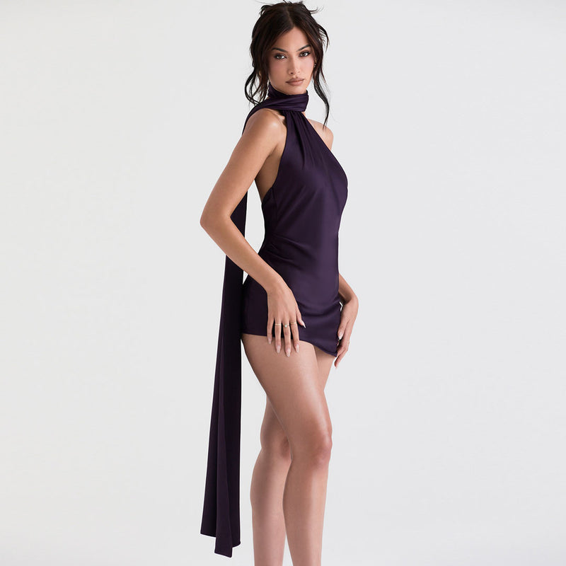 Glossy Satin Sleeveless Draped Detail Backless Party Mini Dress - Purple