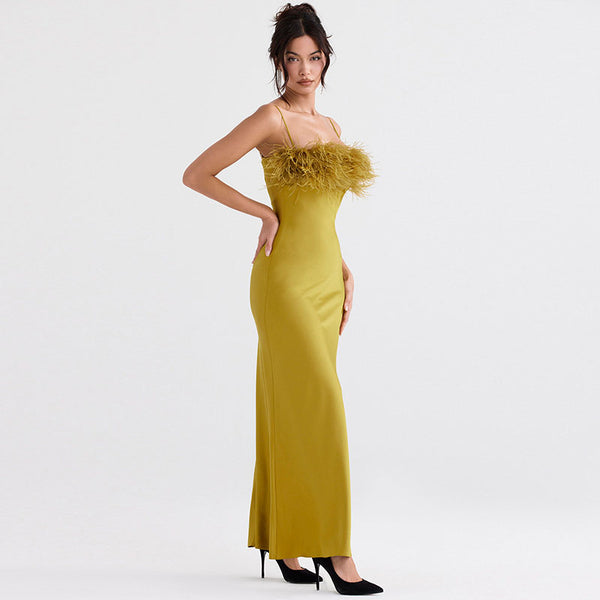 Glossy Satin Solid Color Faux Feather Slip Evening Maxi Dress - Green
