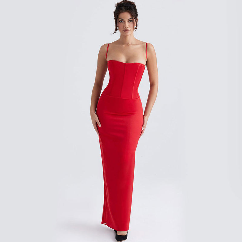 Glossy Satin Solid Color Sleeveless Corset Evening Maxi Dress - Red