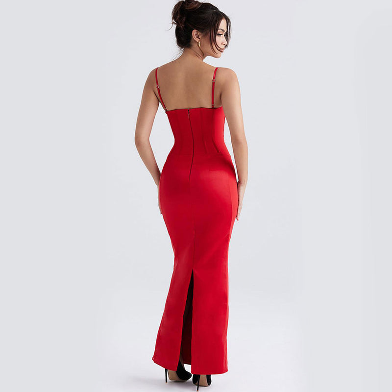 Glossy Satin Solid Color Sleeveless Corset Evening Maxi Dress - Red