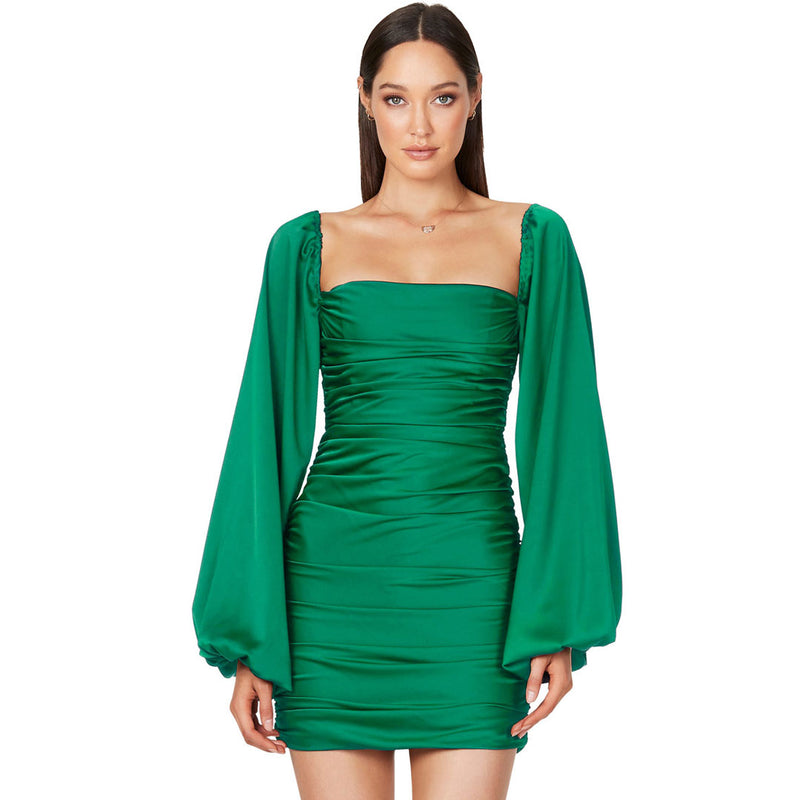 Glossy Satin Square Neck Bishop Sleeve Ruched Bodycon Mini Dress - Emerald Green