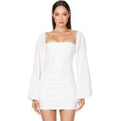 Glossy Satin Square Neck Bishop Sleeve Ruched Bodycon Mini Dress - White