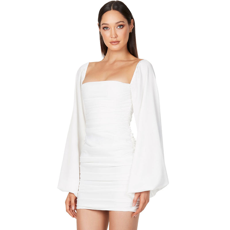 Glossy Satin Square Neck Bishop Sleeve Ruched Bodycon Mini Dress - White