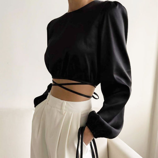 Glossy Satin Tie String Long Sleeve Crew Neck Wrapped Crop Top - Black