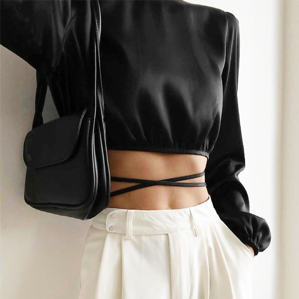 Glossy Satin Tie String Long Sleeve Crew Neck Wrapped Crop Top - Black