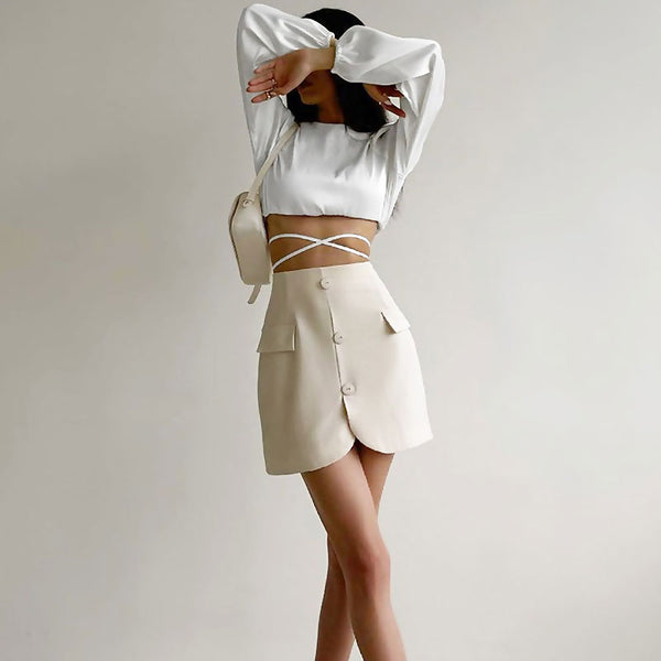 Glossy Satin Tie String Long Sleeve Crew Neck Wrapped Crop Top - White