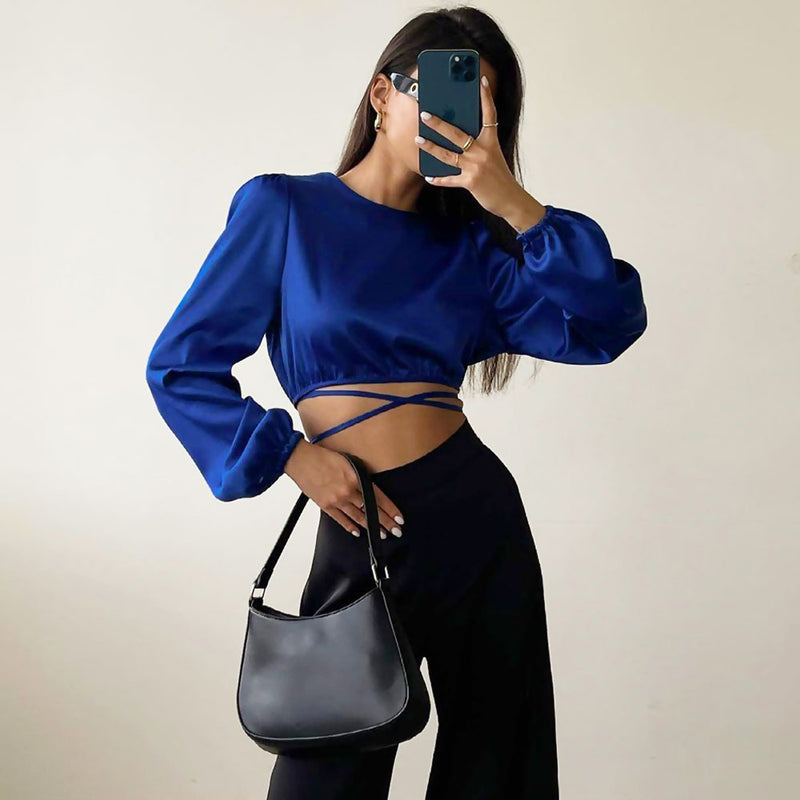 Glossy Satin Tie String Long Sleeve Crew Neck Wrapped Crop Top