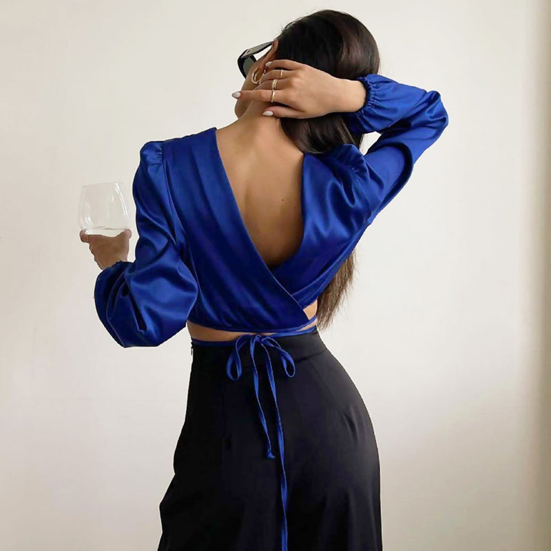 Glossy Satin Tie String Long Sleeve Crew Neck Wrapped Crop Top - Royal Blue