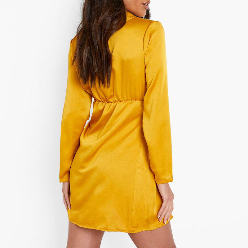 Glossy Satin V Neck Knotted Long Sleeve Satin Shirt Mini Dress - Gold
