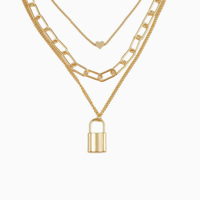 Gold Lock Pendant Chain-Link Layered Necklace - Gold