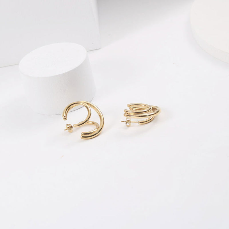 Glossy Gold Tone Plated Triple Circle Double Hoop Earrings - Gold